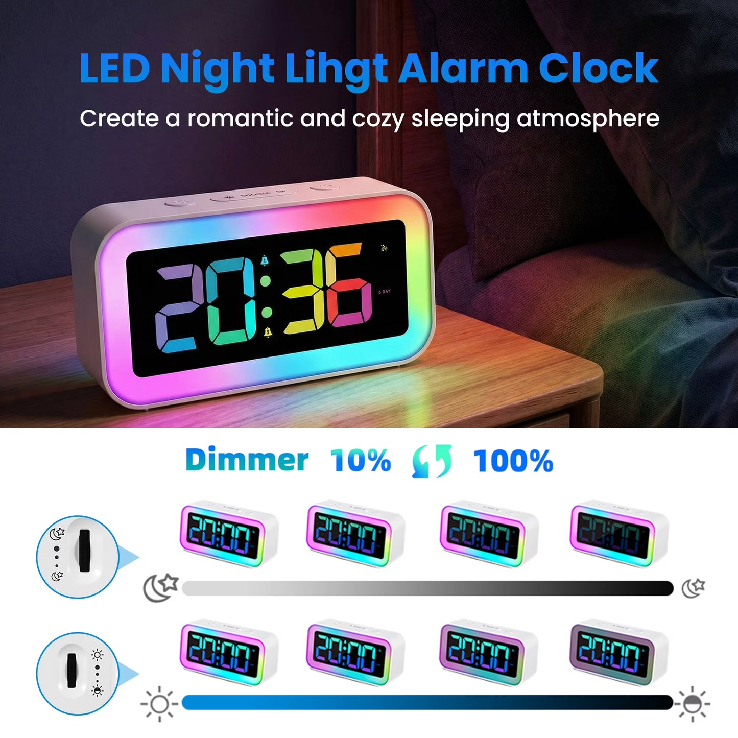 RGB LED Digital Alarm Clock with Color Changing Night Light